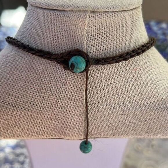 Turquoise Gold & Brown Medallion Handcrafted Crochet Necklace 22" 24" - Picture 5 of 13